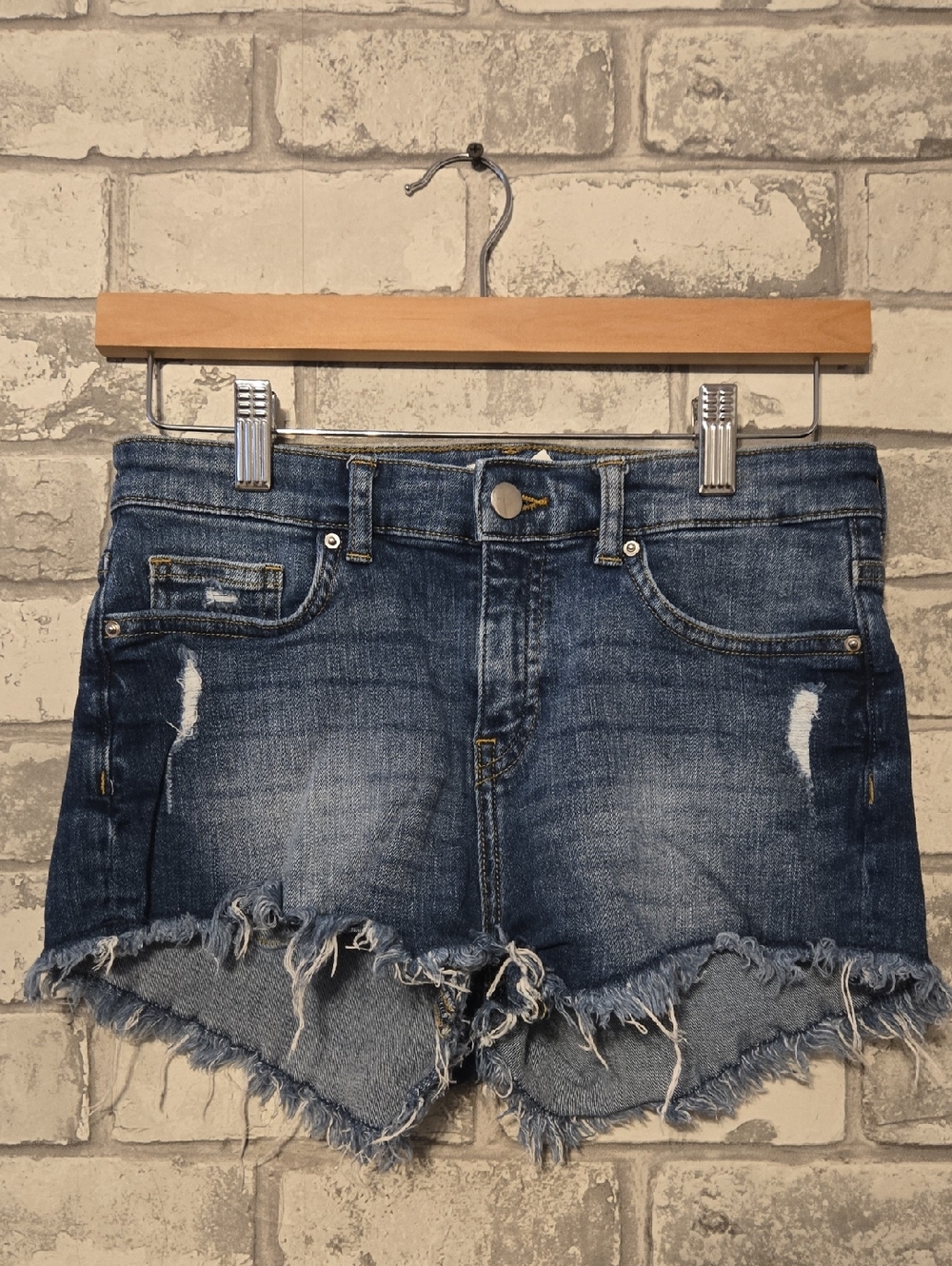 H&M Dark Blue Distressed Frayed Denim Shorts